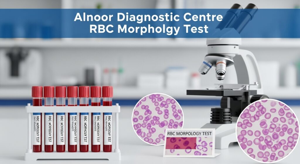 Alnoor Diagnostic Centre RBC Morphology Test with microscope and blood samples in laboratory.
