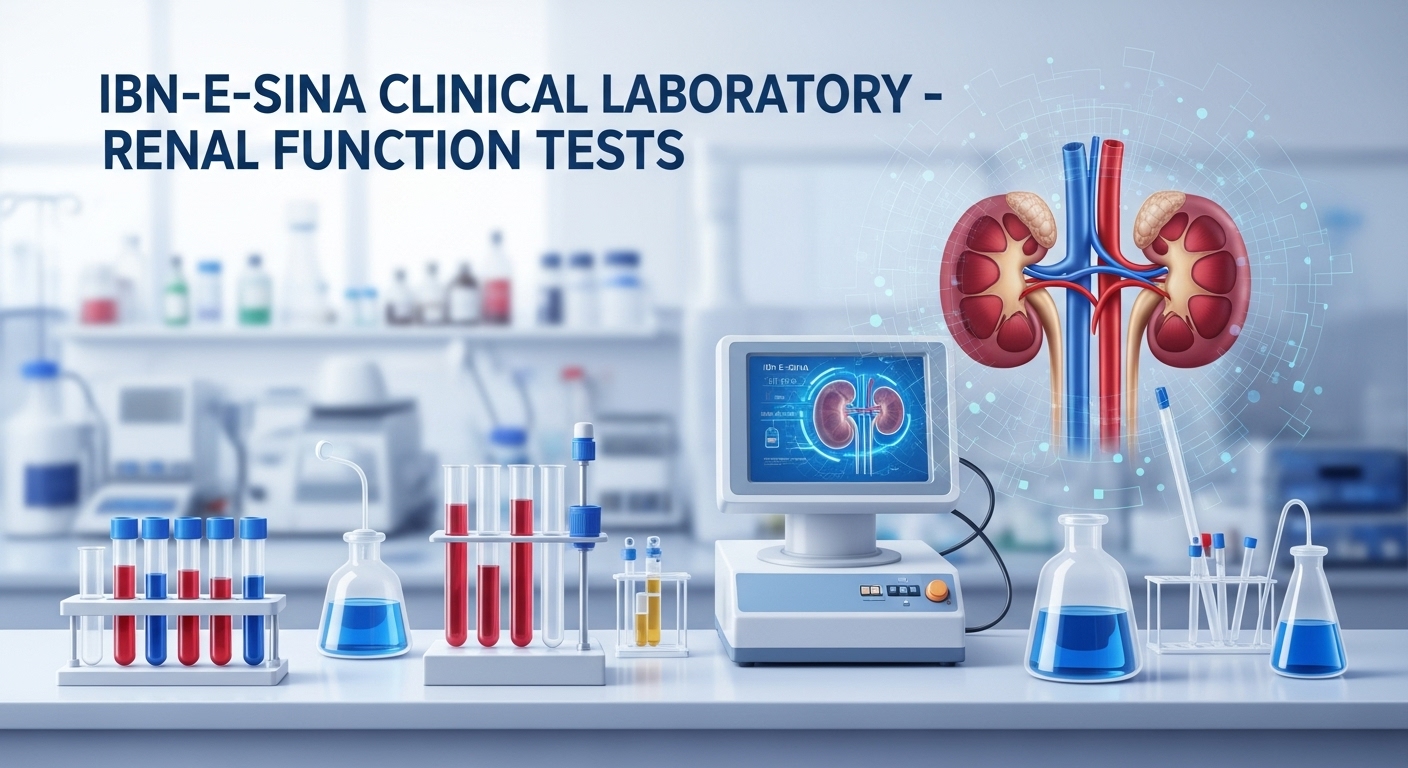 Laboratory setup showing test tubes and kidney illustration for renal function tests at Ibn-E-Sina Clinical Laboratory.