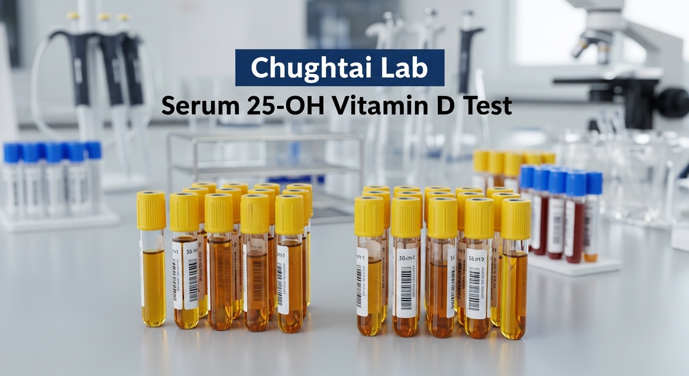 Blood sample tubes arranged in a clinical lab for Serum 25-OH Vitamin D testing at Chughtai Lab.