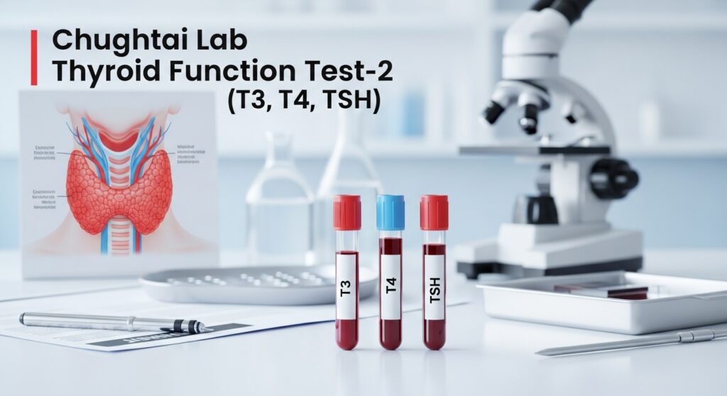 Blood test samples labeled T3, T4, and TSH placed in a laboratory beside a thyroid anatomy chart, representing Chughtai Lab Thyroid Function Test-2.