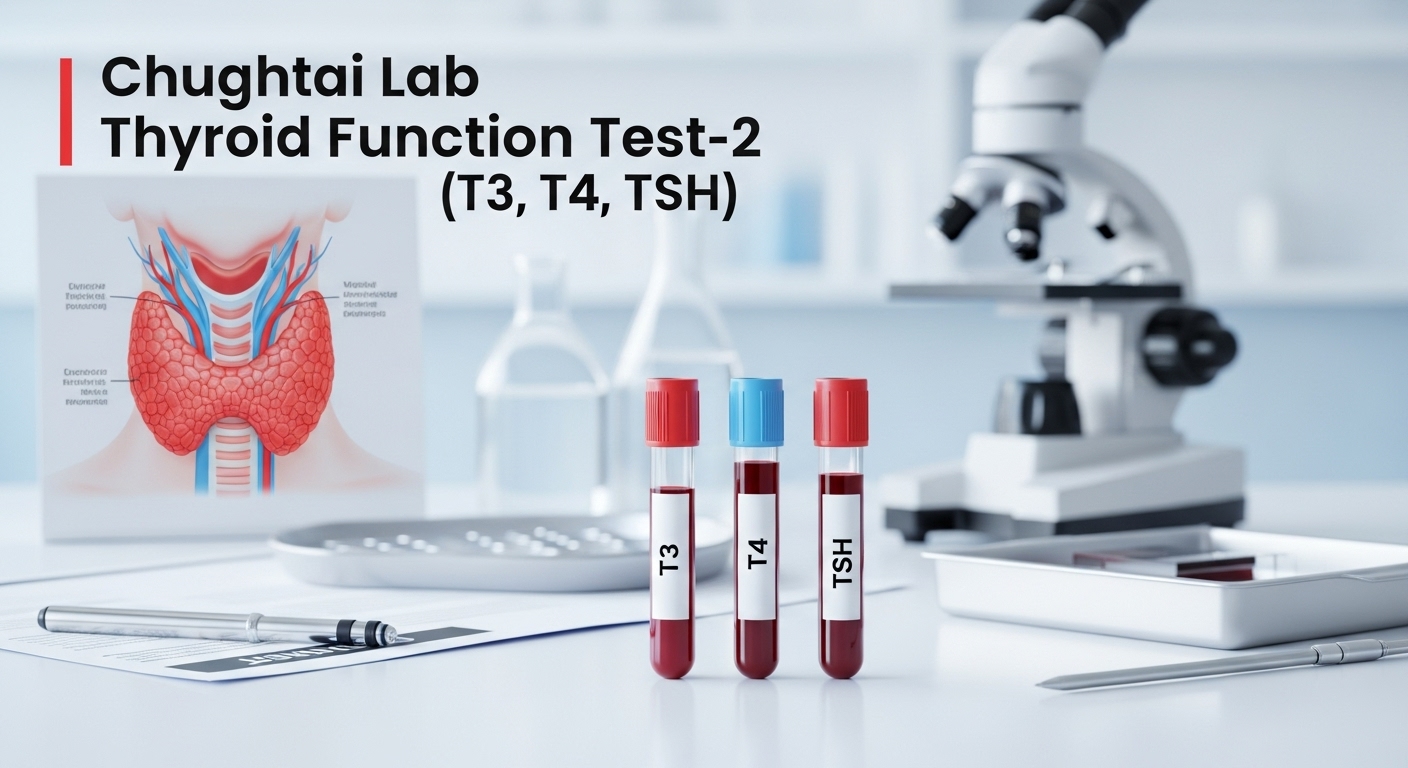 Blood test samples labeled T3, T4, and TSH placed in a laboratory beside a thyroid anatomy chart, representing Chughtai Lab Thyroid Function Test-2.