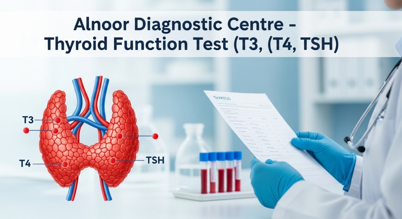 Advertisement for Alnoor Diagnostic Centre featuring an illustration of the Thyroid Gland with labels for T3, T4, and TSH hormones. A doctor in the background reviews a patient report for the Thyroid Function Test. The image focuses on comprehensive Thyroid Function analysis.