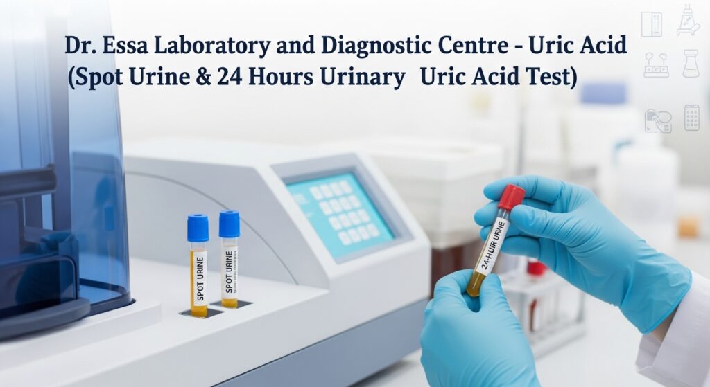 Laboratory urine samples labeled Spot Urine and 24-Hour Urine for Uric Acid testing at Dr. Essa Laboratory.