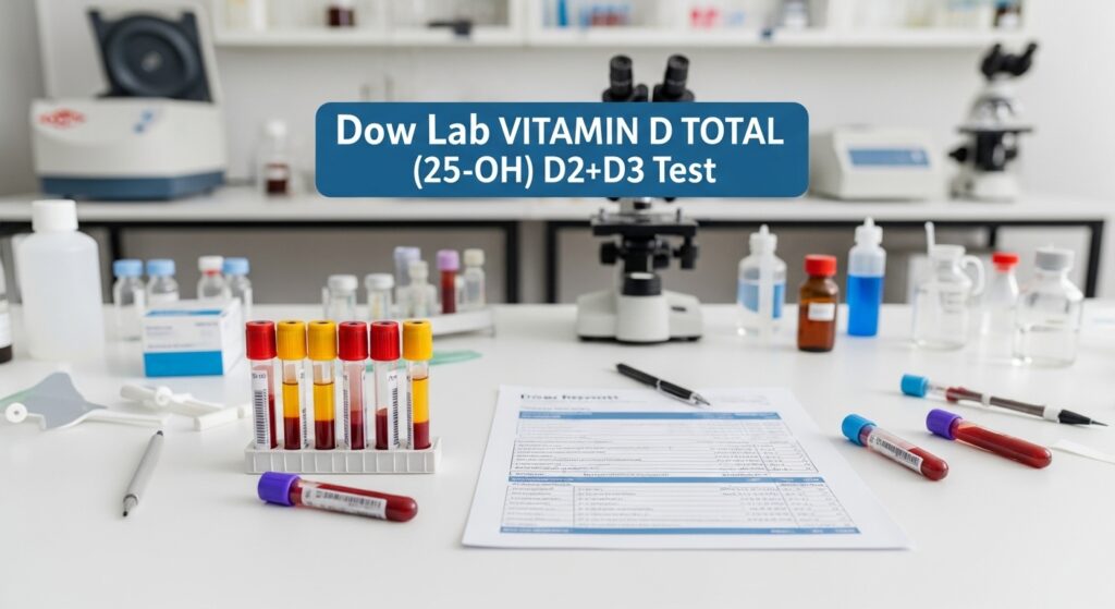 Blood sample vials and lab report on a laboratory table for Vitamin D Total (25-OH) D2+D3 test at Dow Lab.
