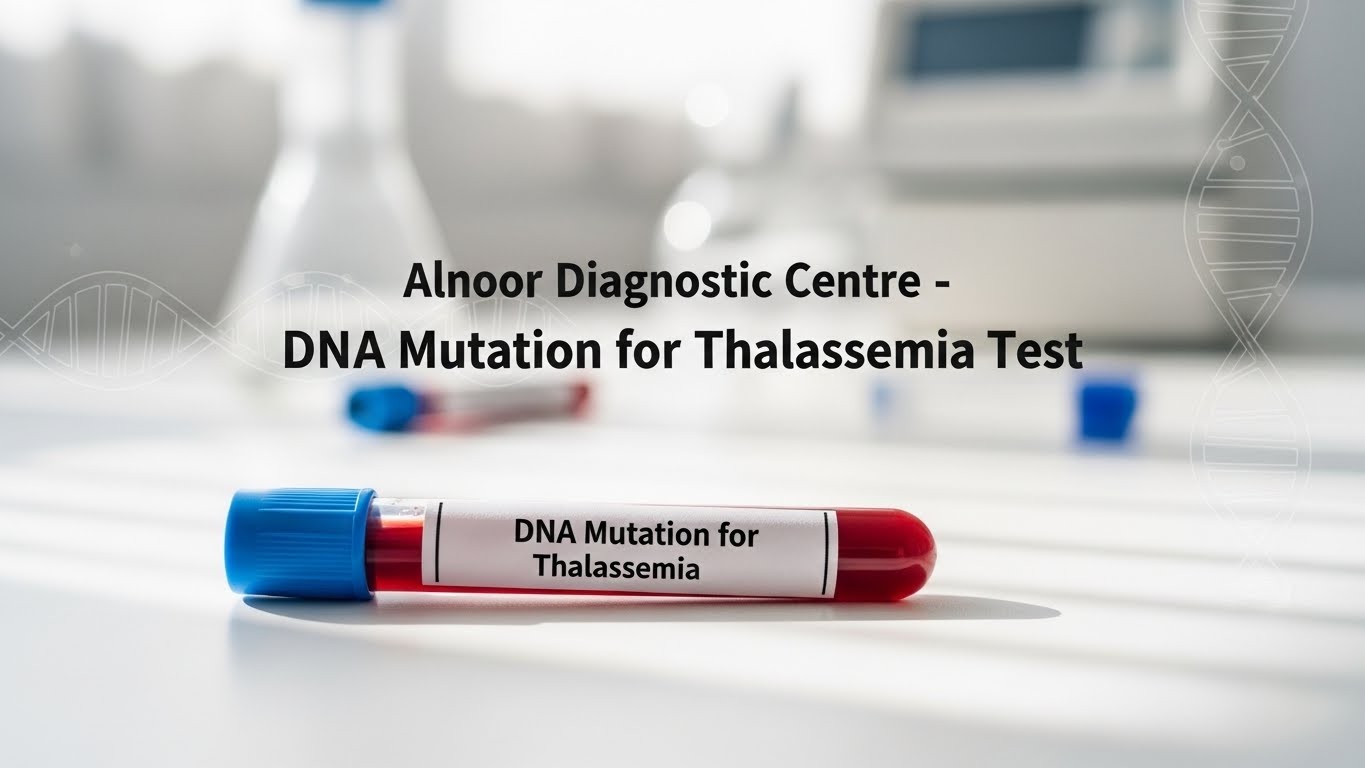 Blood sample vial labeled “DNA Mutation for Thalassemia” placed on a laboratory table with medical equipment blurred in the background