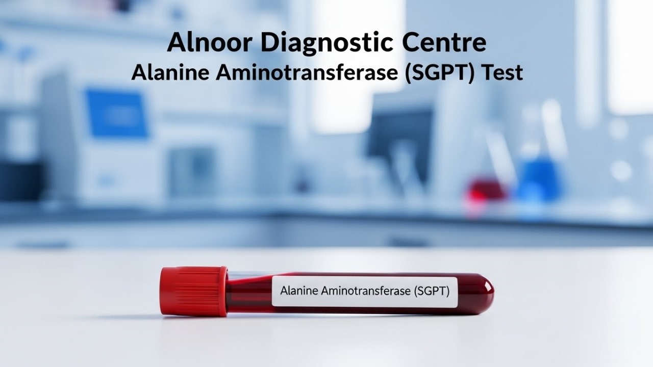 SGPT blood sample tube labeled Alanine Aminotransferase at Alnoor Diagnostic Centre