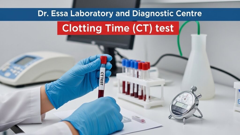 Laboratory technician holding a blood sample tube labeled CT test for Clotting Time (CT) at Dr. Essa Laboratory and Diagnostic Centre.