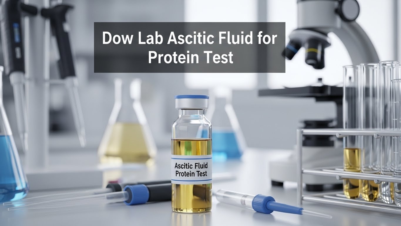 Dow Lab ascitic fluid sample bottle labelled Protein Test placed on laboratory table with microscope and test tubes Ascitic Fluid for Protein Test.