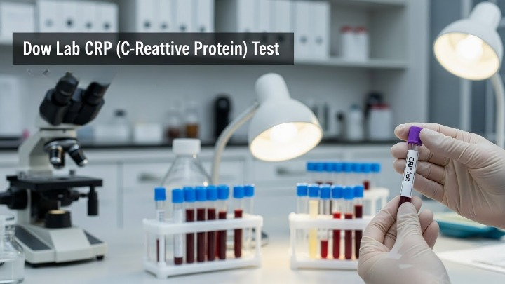 Dow Lab CRP (C-Reactive Protein) test sample being held by a gloved technician in a modern clinical laboratory with blood sample racks and microscope in the background.