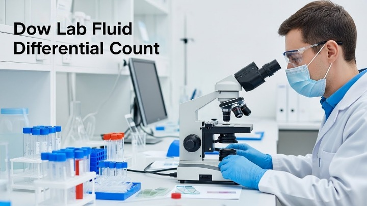 Laboratory technician examining fluid samples under a microscope for Fluid Differential Count test in Dow Lab
