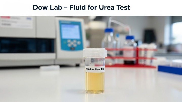 Fluid for Urea Test sample in a transparent laboratory container placed on a lab bench at Dow Lab, showing a light yellow liquid with clinical analyzer equipment in the background.