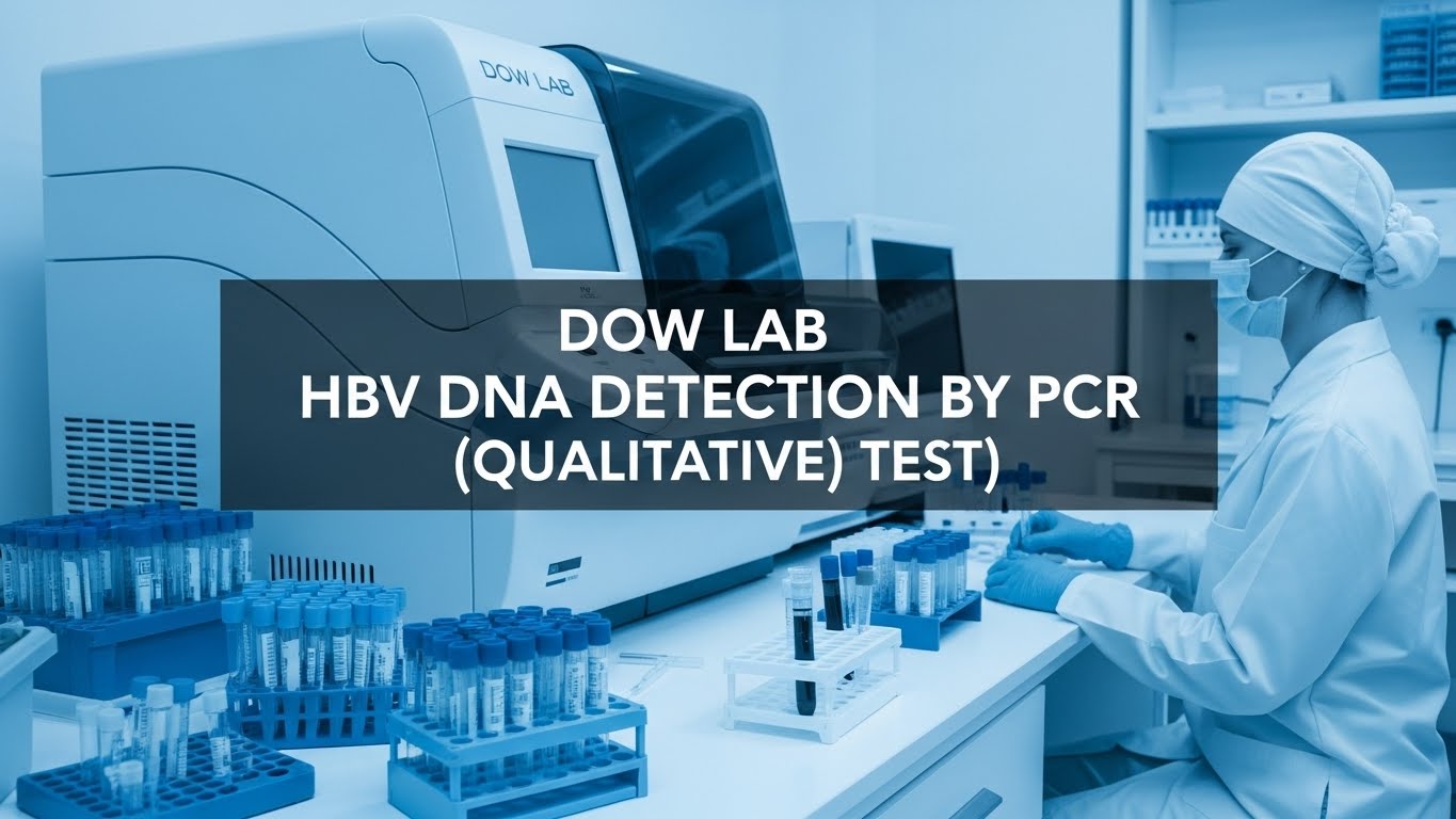 Automated laboratory setup at Dow Lab performing HBV DNA detection by PCR qualitative test with a healthcare professional handling blood samples