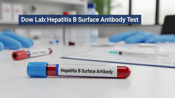 A close-up view of a blood sample tube labeled “Hepatitis B test Surface Antibody” placed on a laboratory table at Dow Lab, with medical gloves, documents, and other test tubes blurred in the background.
