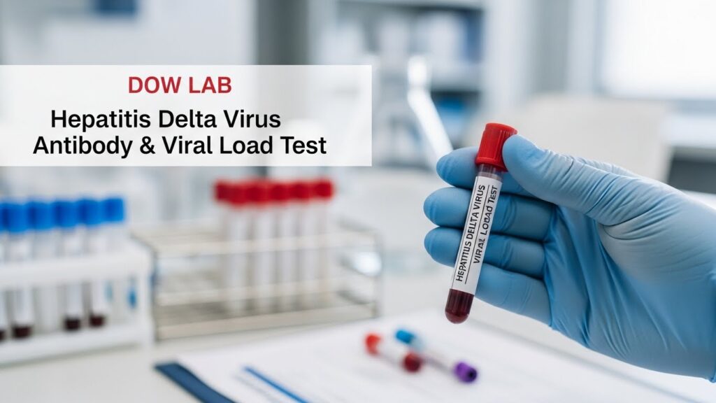 Dow Lab Hepatitis Delta Virus Antibody & Viral Load Test sample tube held by gloved hand in a medical laboratory.