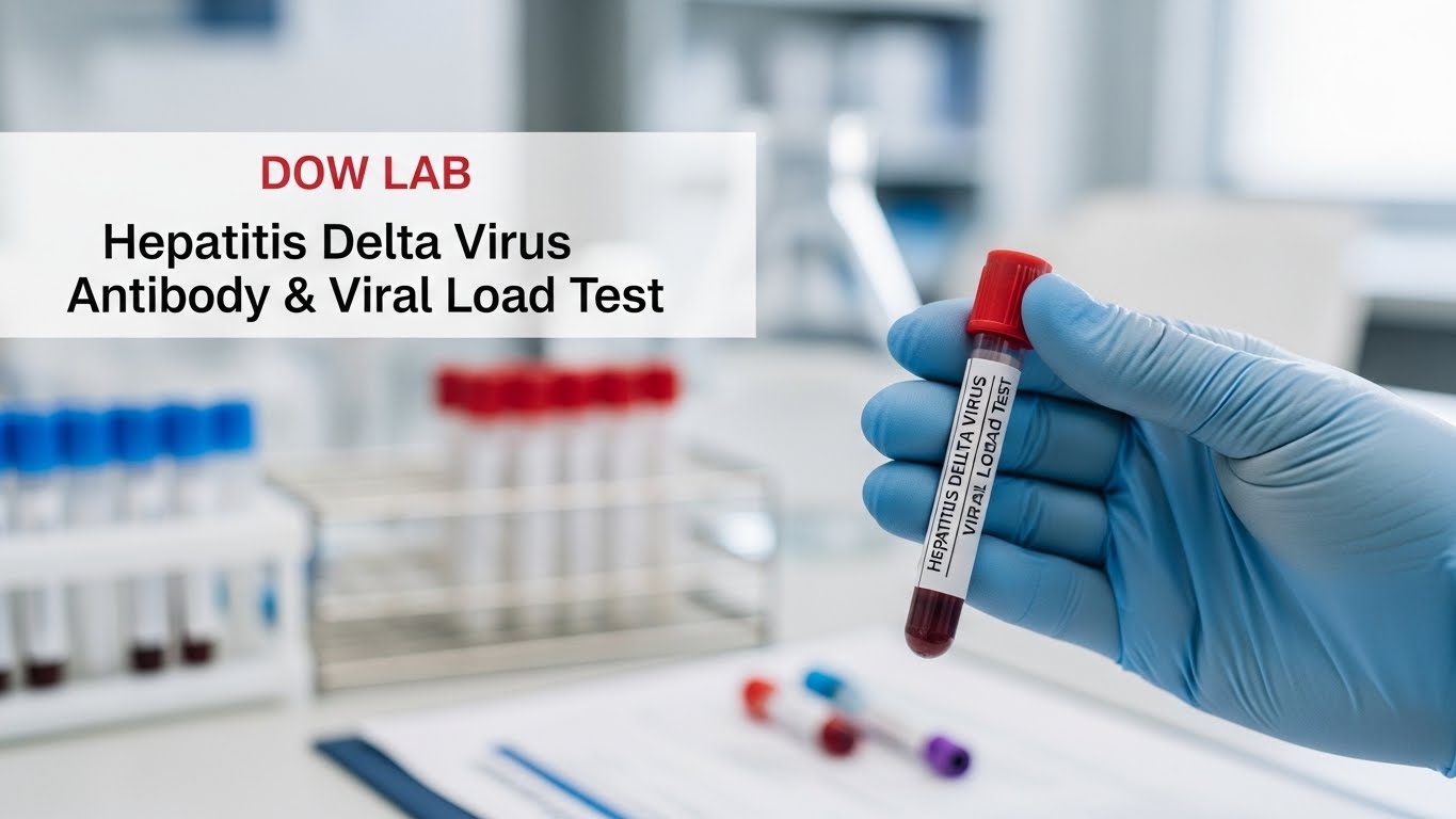 Dow Lab Hepatitis Delta Virus Antibody & Viral Load Test sample tube held by gloved hand in a medical laboratory.