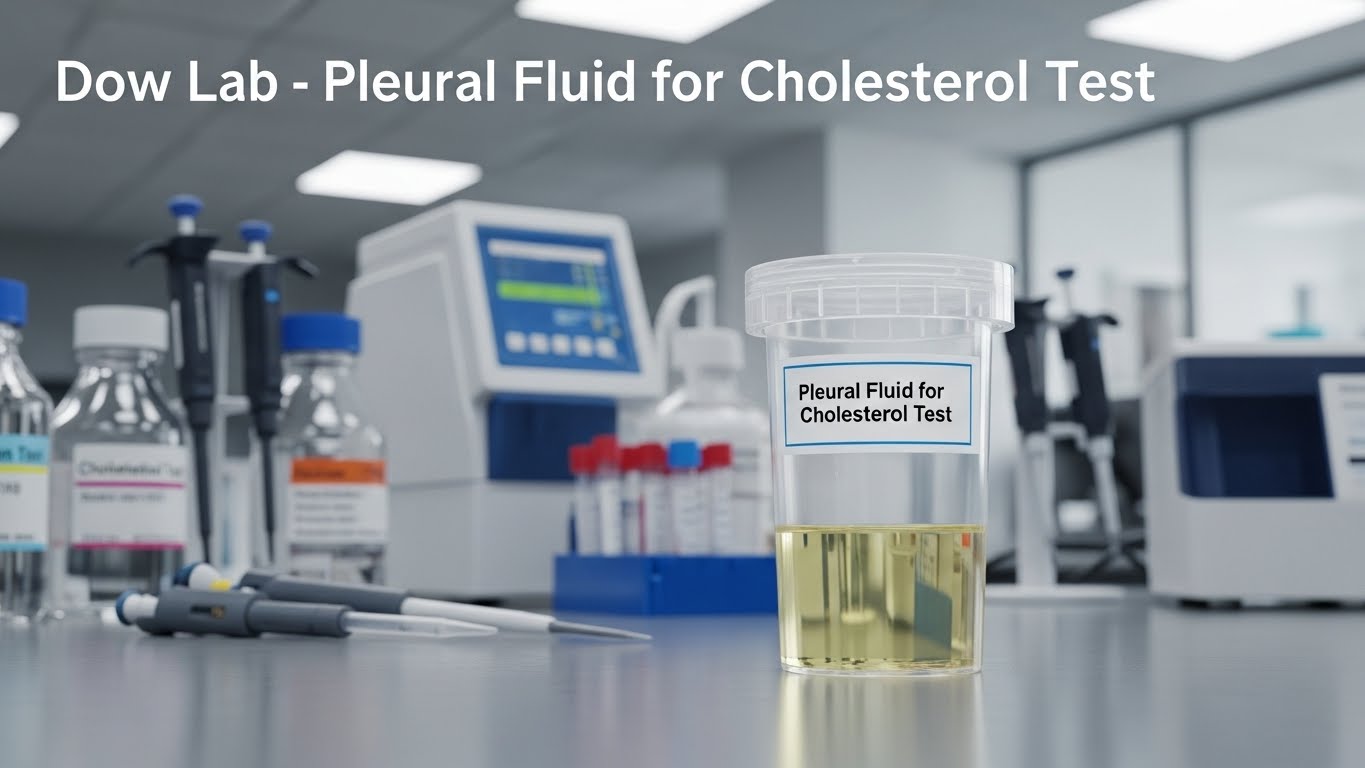 Pleural fluid sample container labeled Pleural Fluid for Cholesterol Test placed on laboratory table with diagnostic equipment in Dow Lab