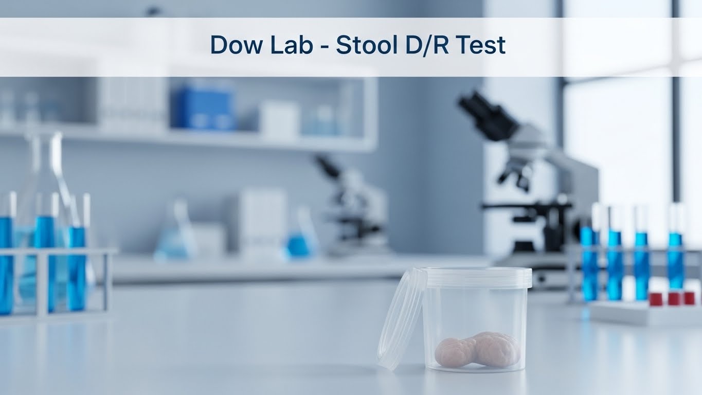 Stool D/R Test sample container placed on a laboratory table at Dow Lab, showing stool specimen for routine diagnostic examination with microscope and lab equipment in the background