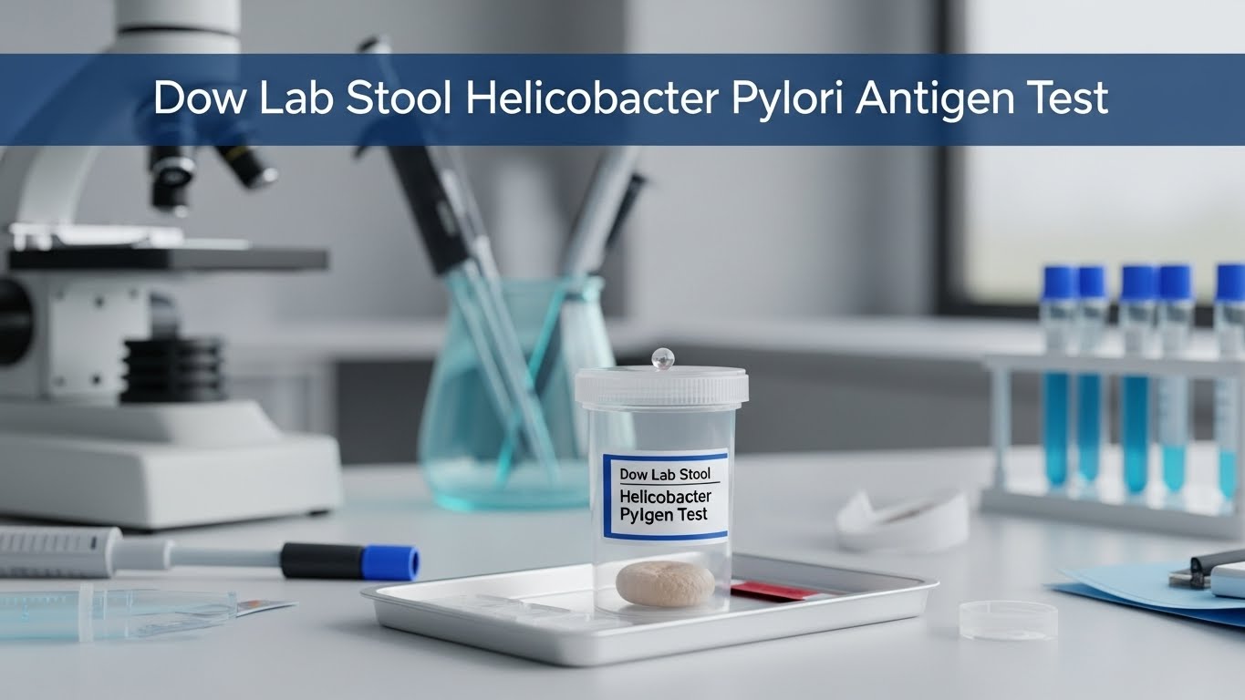 Stool Helicobacter Pylori Antigen Test sample container placed in a clinical laboratory setting with microscope and test tubes, used for detecting H. pylori infection