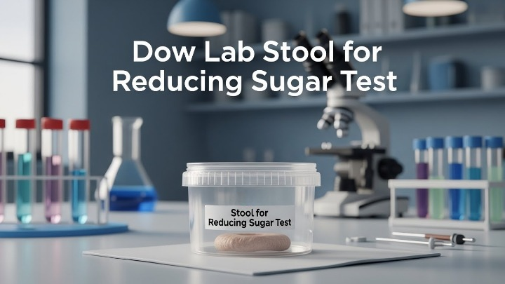 Stool for Reducing Sugar Test sample container placed on a laboratory table at Dow Lab, showing a labeled stool specimen jar with test tubes, microscope, and lab equipment in the background.