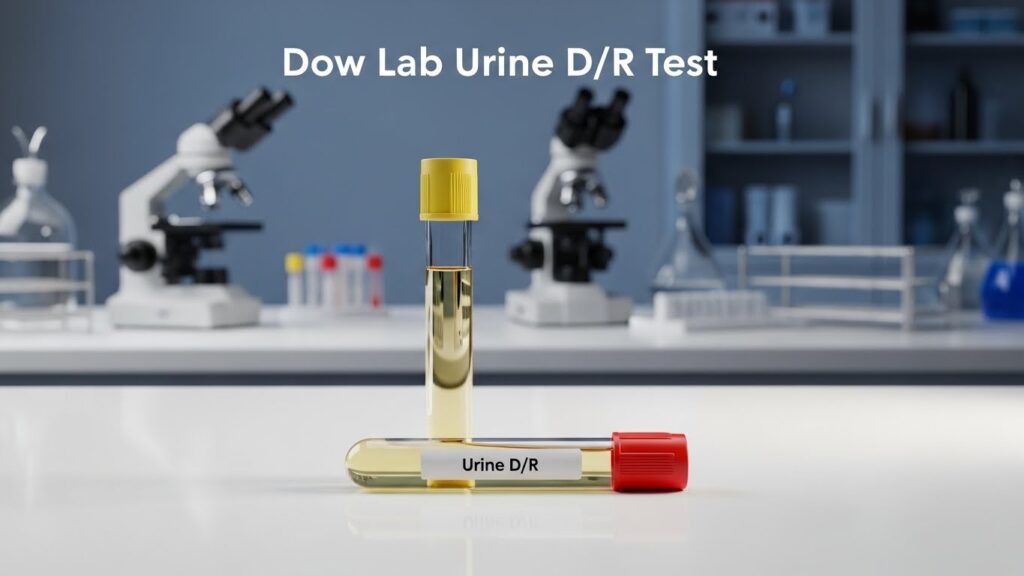 Dow Lab Urine DR Test sample tubes placed on a laboratory table for diagnostic urine D/R analysis.