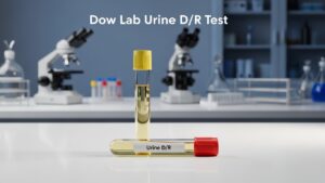 Dow Lab Urine DR Test sample tubes placed on a laboratory table for diagnostic urine D/R analysis.