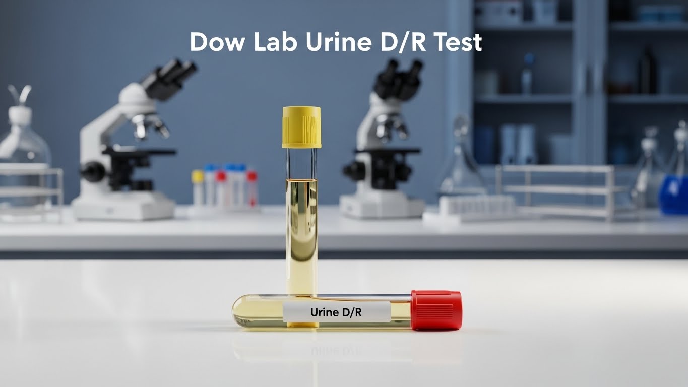 Dow Lab Urine DR Test sample tubes placed on a laboratory table for diagnostic urine D/R analysis.