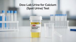 Dow Lab Urine for Calcium (Spot Urine) Test sample container placed on laboratory table with test tubes in the background.
