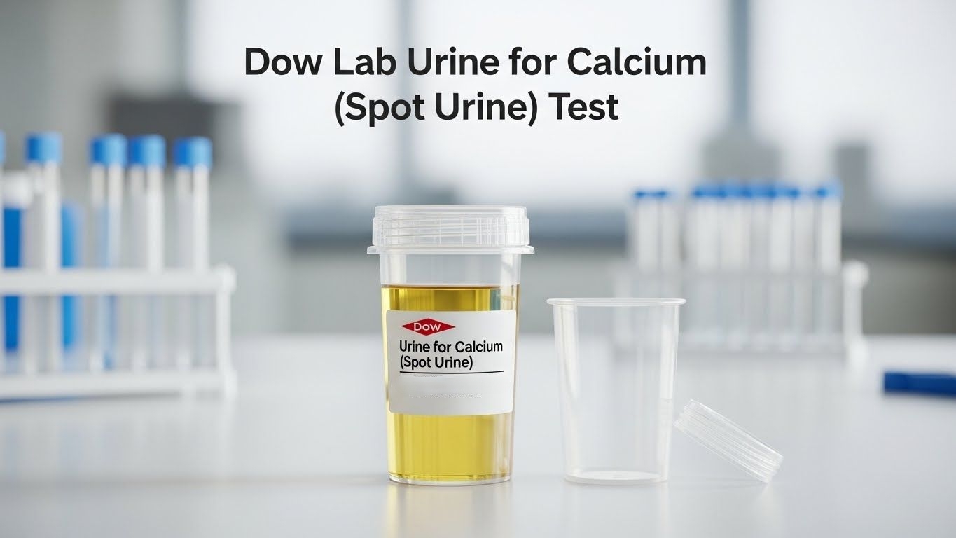 Dow Lab Urine for Calcium (Spot Urine) Test sample container placed on laboratory table with test tubes in the background.