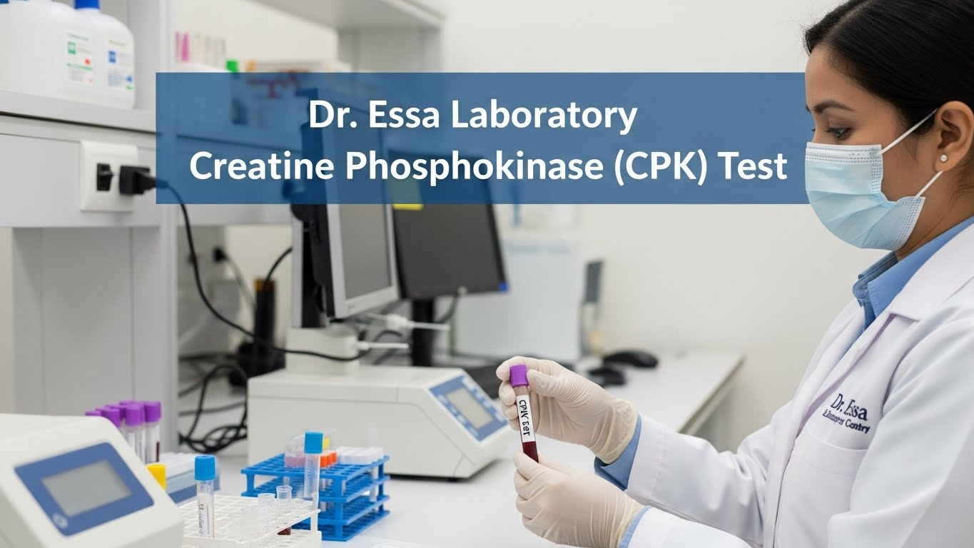 Laboratory technician analyzing a blood sample tube for Creatine Phosphokinase CPK Test at Dr. Essa Laboratory