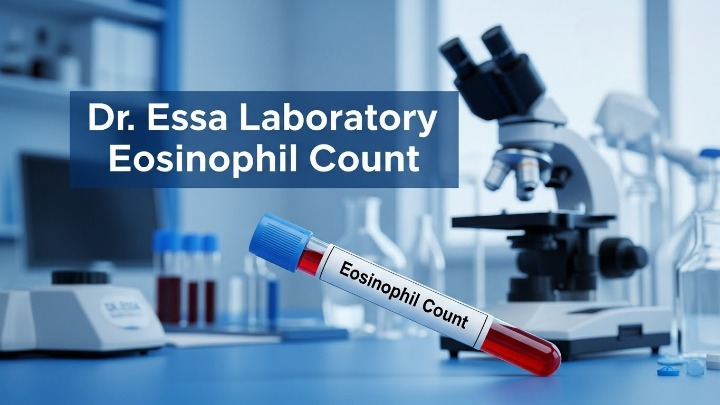 Dr. Essa Laboratory Eosinophil Count test blood sample tube with microscope in a modern diagnostic laboratory