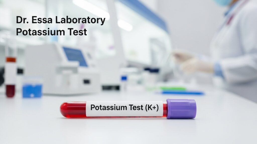 “Dr. Essa Laboratory Potassium Test blood sample tube (K+) in modern diagnostic laboratory”
