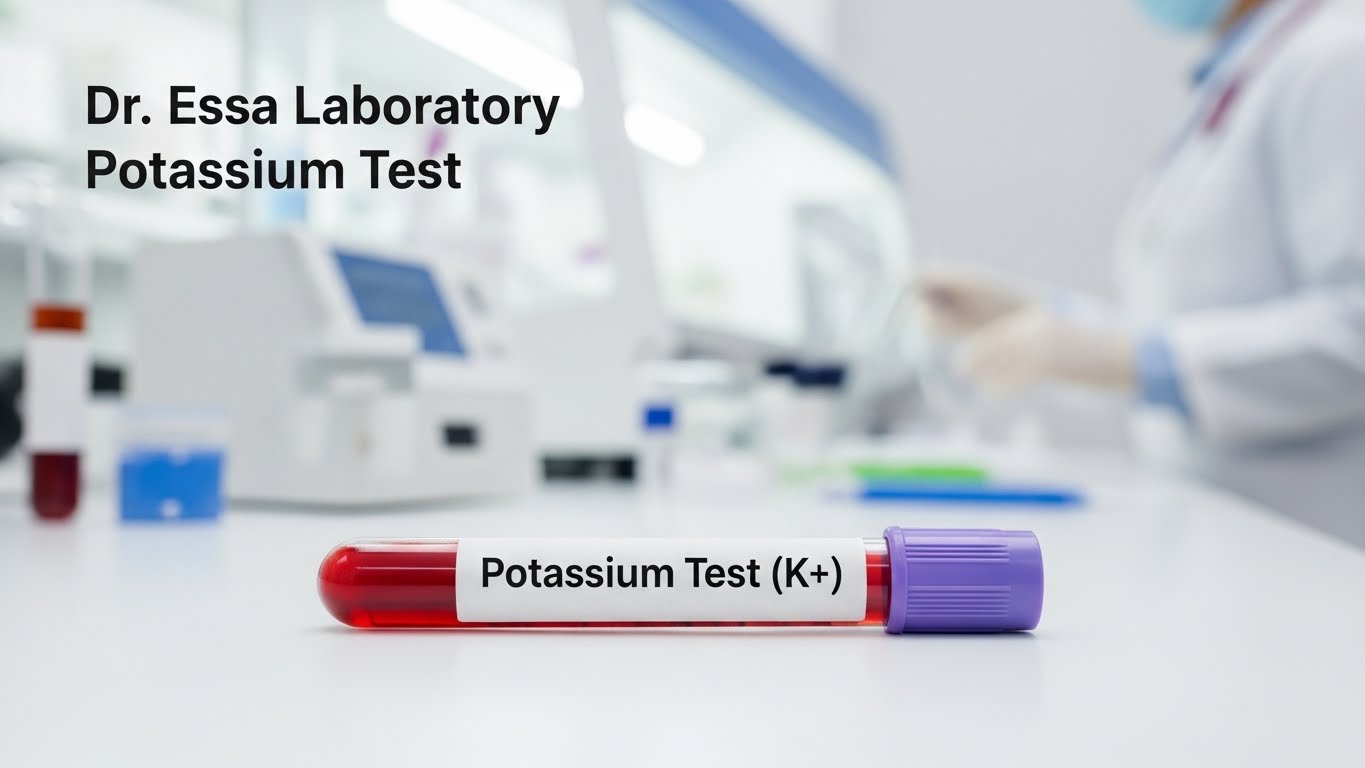 “Dr. Essa Laboratory Potassium Test blood sample tube (K+) in modern diagnostic laboratory”