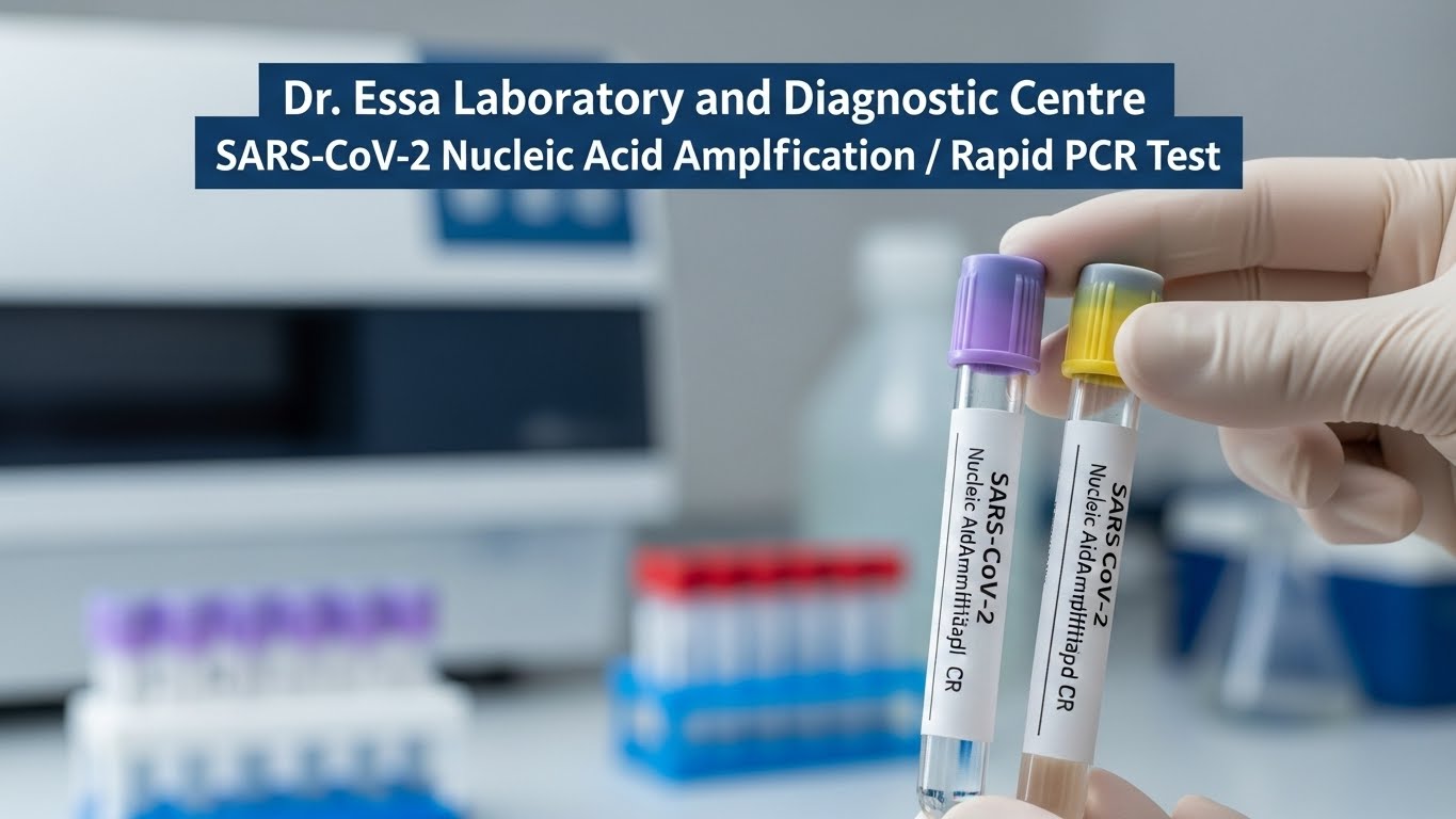 Sample tubes labeled SARS-CoV-2 Nucleic Acid Amplification / Rapid PCR Test being held in a gloved hand at Dr. Essa Laboratory and Diagnostic Centre.