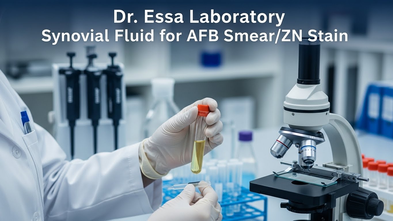 Laboratory process of Synovial Fluid for AFB Smear/ZN Stain test at Dr. Essa Laboratory, showing microscope examination and synovial fluid sample analysis