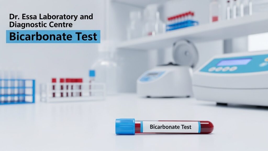 Bicarbonate Test blood sample tube displayed in a modern laboratory at Dr. Essa Laboratory and Diagnostic Centre