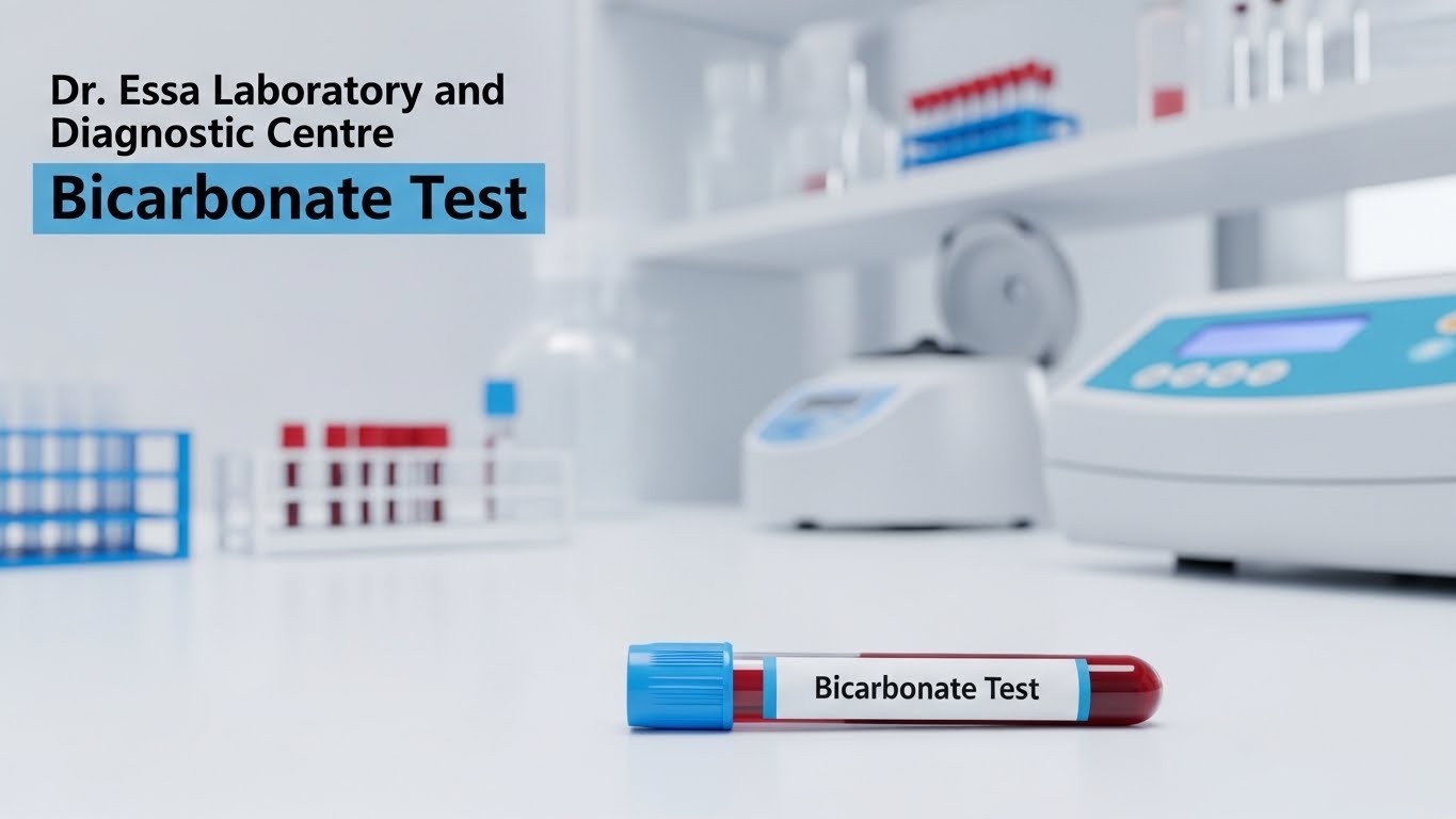Bicarbonate Test blood sample tube displayed in a modern laboratory at Dr. Essa Laboratory and Diagnostic Centre