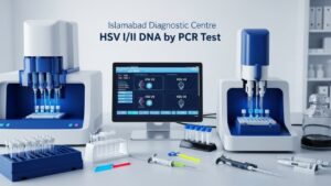 HSV I/II DNA test at Islamabad Diagnostic Centre, with test tubes and a computer screen showing HSV results
