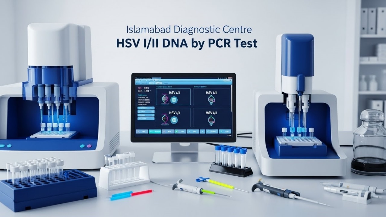 HSV I/II DNA test at Islamabad Diagnostic Centre, with test tubes and a computer screen showing HSV results
