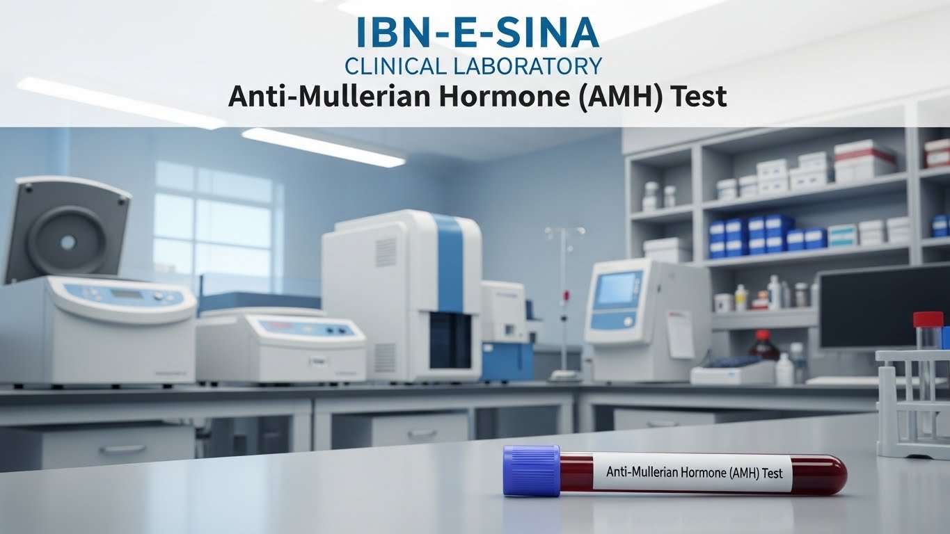 AMH Test sample tube at Ibn-E-Sina Clinical Laboratory with modern diagnostic equipment in the background