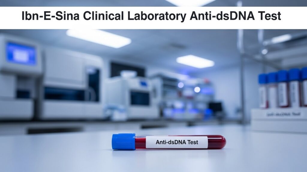 Blood sample tube labeled Anti-dsDNA Test placed on a laboratory table with advanced testing equipment in the background at Ibn-E-Sina Clinical Laboratory.