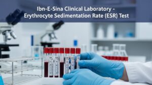 Laboratory technician handling ESR blood sample tubes in a clinical lab for Erythrocyte Sedimentation Rate ESR Test at Ibn-E-Sina Clinical Laboratory.