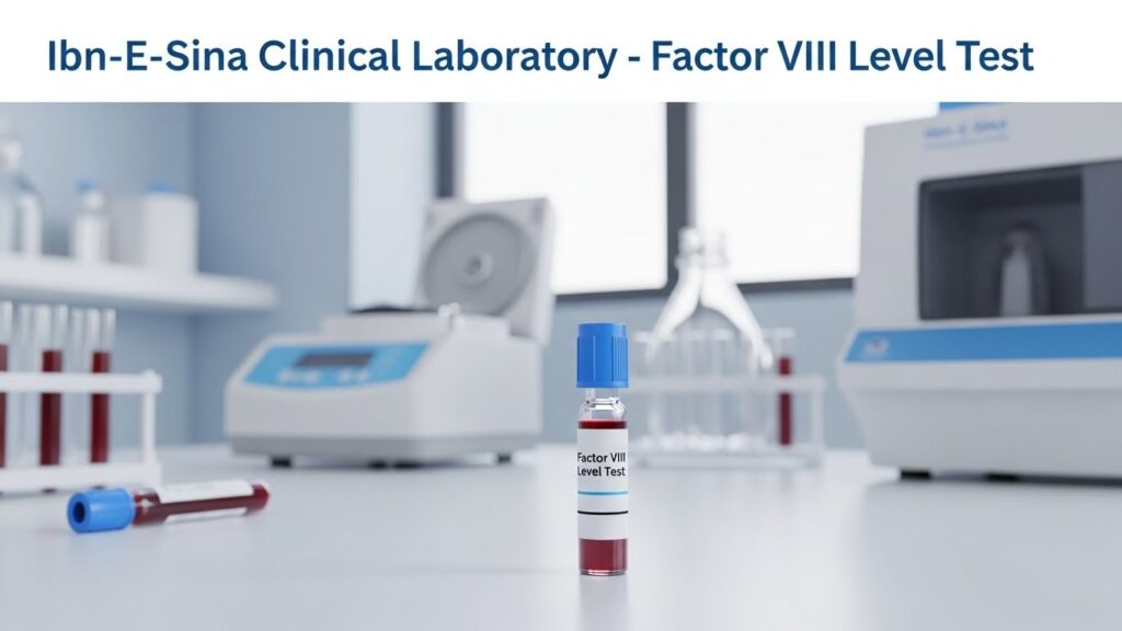Factor VIII Level Test blood sample vial displayed in a modern laboratory setting at Ibn-E-Sina Clinical Laboratory