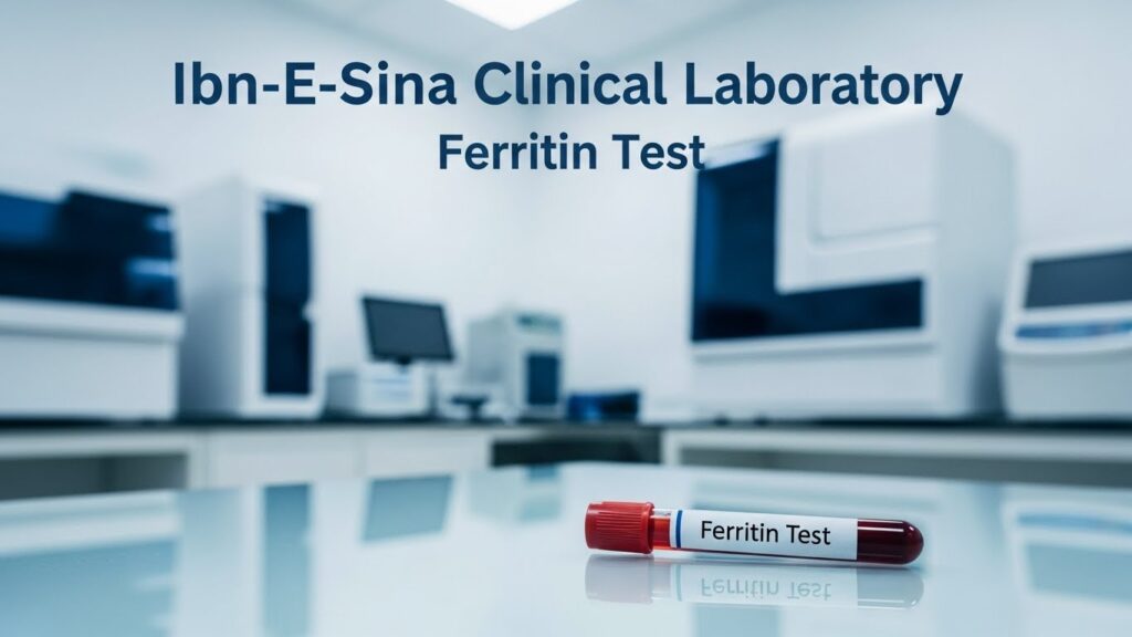 Blood sample labeled Ferritin Test placed on a lab table at Ibn-E-Sina Clinical Laboratory.