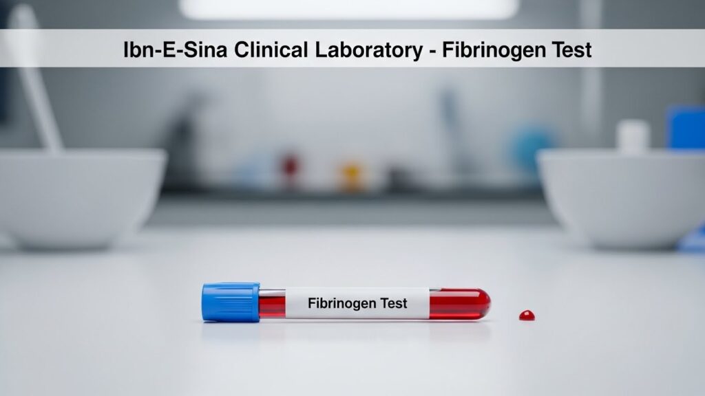 Ibn-E-Sina Clinical Laboratory Fibrinogen Test blood sample tube showing fibrinogen level test for blood clotting analysis