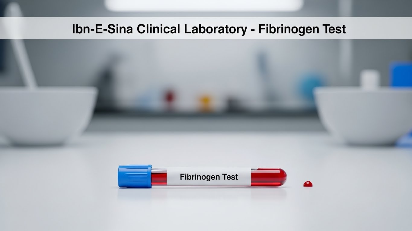 Ibn-E-Sina Clinical Laboratory Fibrinogen Test blood sample tube showing fibrinogen level test for blood clotting analysis