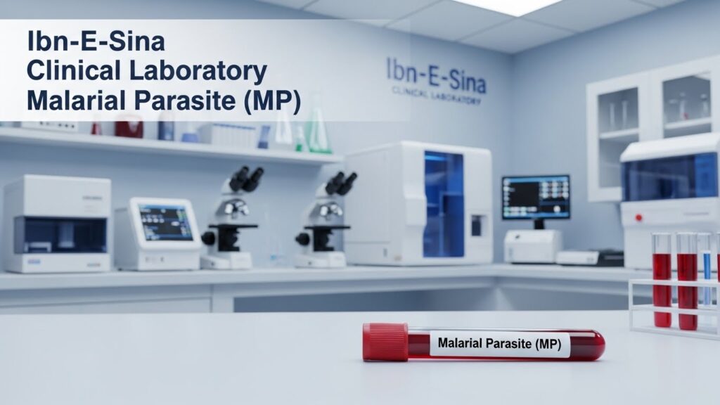 Blood sample labeled Malarial Parasite (MP) test in Ibn-E-Sina Clinical Laboratory with microscopes and lab equipment in the background