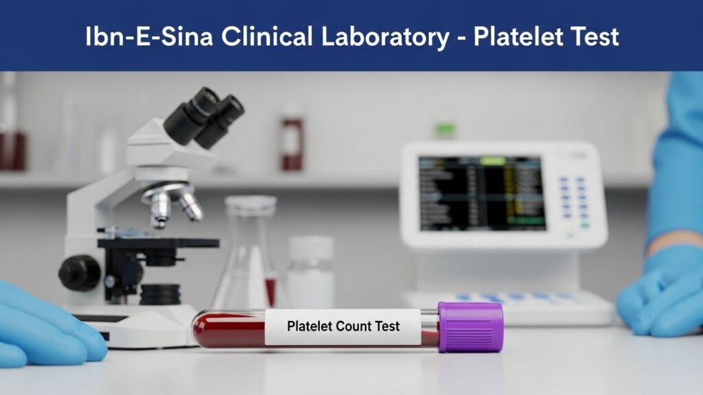 Platelet Count Test blood sample tube displayed in Ibn-E-Sina Clinical Laboratory with microscope and diagnostic equipment