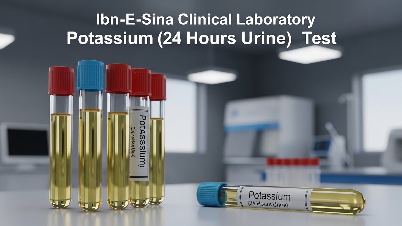 Ibn-E-Sina Clinical Laboratory Potassium (24 Hours Urine) Test sample tubes placed on a lab table with advanced diagnostic equipment in the background.