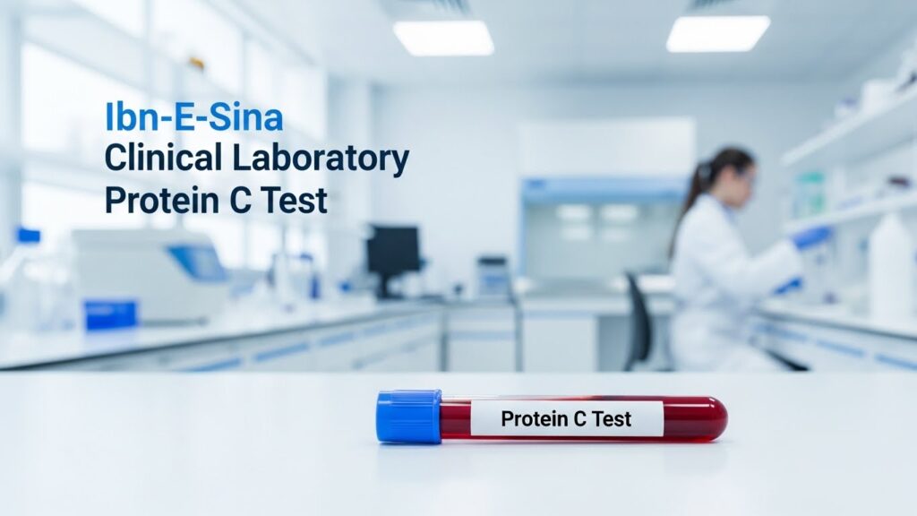 Protein C Test at Ibn-E-Sina showing blood sample tube inside clinical laboratory