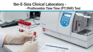 A laboratory technician wearing gloves holds a blood sample tube labeled PT/INR test inside Ibn-E-Sina Clinical Laboratory, with a coagulation analyzer, test tubes, and a PT/INR report sheet visible on the workstation.